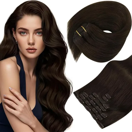 Sunny Hair - Extensiones de clip de cabello humano largo en capa doble, color castaño oscuro #2 - 24 pulgadas, 7 unidades, 4.23 onzas