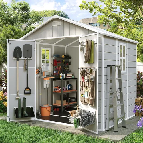Amopatio 8x6 FT Storage Shed, Resin Outdoor Shed with Floor Included, Plastic Sheds for Bike, Garden Tools, Sheds & Outdoor Storage with Lockable