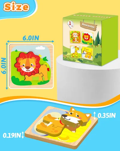 Miniatura 6 de Benresive Rompecabezas de madera para niños pequeños, 4 piezas de juguetes Montessori de animales para niños de 1 a 3 años, juguetes educativos