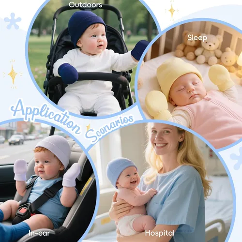 Miniatura 6 de Zando Gorros y manoplas unisex para bebés, gorro de hospital para recién nacidos, con guantes antiarañazos, conjunto para bebés y niños