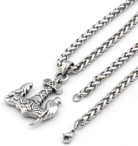 Miniatura 3 de Bavipower Raven vikingo Odin Thor Hammer Mjolnir colgante de acero inoxidable nórdico pagano joyería potente amuleto de protección para hombres