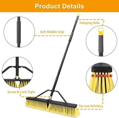 Miniatura 4 de Escoba de empuje de 24 pulgadas para exteriores, escoba resistente con mango largo de 63 pulgadas para terraza, entrada, garaje, patio, limpieza