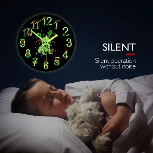 Miniatura 5 de The Geeky Days Reloj que brilla en la oscuridad, adorno de Navidad Pug funciona con pilas, reloj de pared luminoso de cuarzo silencioso con diseño