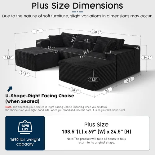 Miniatura 2 de Sofá modular negro de 108 pulgadas con otomana, sofá en forma de U en forma de nube para sala de estar, no necesita montaje, tela de pana de felpa