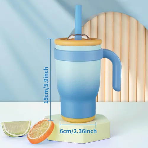Miniatura 5 de Taza de 14 onzas para niños pequeños con aislamiento al vacío de acero inoxidable con asa, taza a prueba de derrames, pajita a prueba de fugas, taza