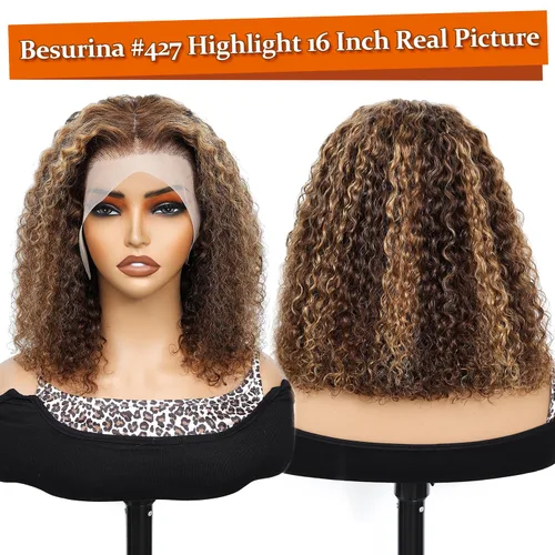Miniatura 2 de Besurina 13x4 Peluca de cabello humano color rubio miel #4/27, con reflejos degradados, de encaje frontal, peluca de 12 pulgadas estilo Bob, cabello