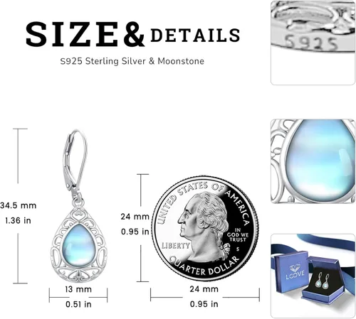 Miniatura 63 de Aretes colgantes de plata de ley con diseño de árbol de la vida, flor, abeja, animales, gato, colibrí, piedra lunar, turquesa, aretes con cierre