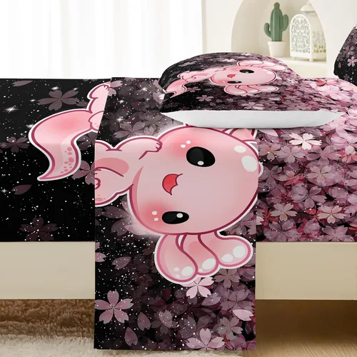 Miniatura 6 de QOOMO Ropa de cama Kawaii Axolotl para niños y niñas, diseño de flor de cerezo rosa, juego de ropa de cama súper suave para niños, con estrellas