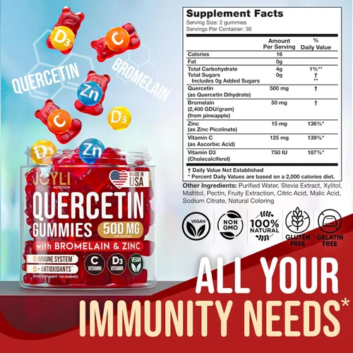 Miniatura 3 de JOYLI - Gomitas de quercetina – Quercetina con bromelina zinc vitamina C y vitamina D3 – Suplemento de quercetina de 500 mg para el sistema