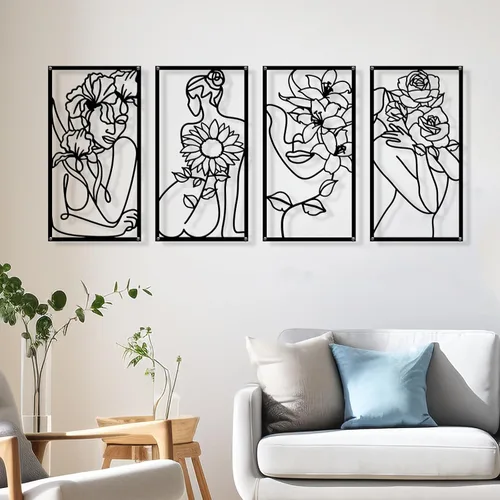 Zzbakress 4 piezas de arte abstracto minimalista de metal para pared de mujer y flor, dibujo de una sola línea, decoración minimalista para colgar