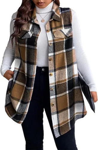 Miniatura 5 de Mina self Chaleco a cuadros para mujer, largo a la moda, casual, sin mangas, con botones y parte delantera abierta, con bolsillos