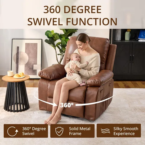 Miniatura 3 de Silla reclinable giratoria de cuero de 360° para adultos, sillón reclinable manual con cojín de resorte, sofá individual con bolsillos laterales