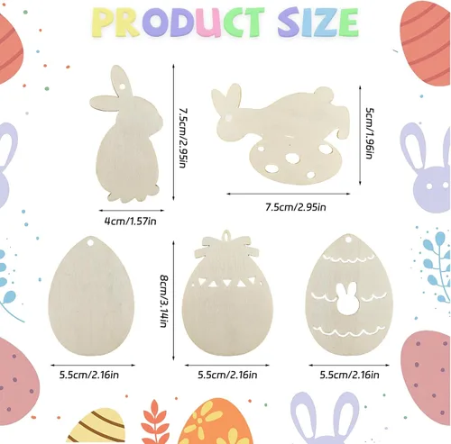 Miniatura 2 de AOCEAN Kit de manualidades de huevos de conejo, 100 piezas, recortes de madera y adornos colgantes con cordel, decoraciones de madera sin terminar