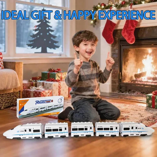 Miniatura 8 de OTONOPI Juego de tren de juguete, paquete de 5 tren eléctrico bala con luz y sonido, motor de locomotora de metro a pilas con gancho, juguete