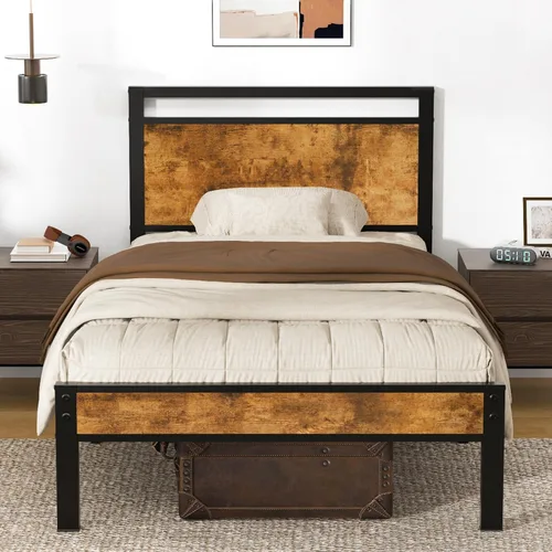 Miniatura 21 de Z-hom Cama de plataforma de metal resistente de fácil montaje, marco de cama tamaño Queen con cabecero y estribo, soporte antideslizante y Marrón