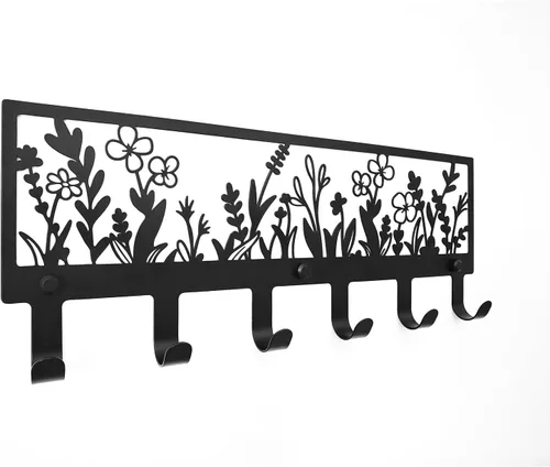 Perchero floral montado en la pared con 6 ganchos colgador decorativo de metal negro para abrigos, sombreros, bolsos, llaves, toallas - Ideal para