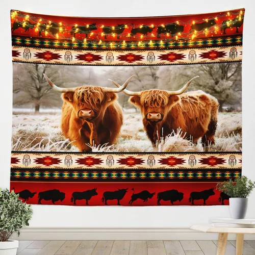 Miniatura 19 de Tapiz de vaca de las tierras altas, tapices aztecas nativos del suroeste, animales de granja, arte exótico nórdico, atrapasueños, arte de pared