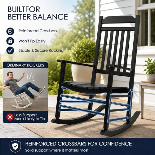 Miniatura 6 de Kozyard Mecedora de madera, silla mecedora de madera maciza para exteriores con respaldo alto y asiento de listones, mecedora ergonómica