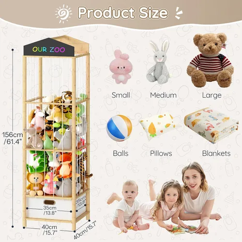 Miniatura 3 de HOOBRO Almacenamiento de animales de peluche, organizador de animales de peluche de bambú con cajón de tela y pizarra de bricolaje, organizador