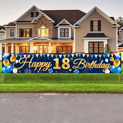 Miniatura 12 de Cartel grande de feliz cumpleaños número 16, cartel de cumpleaños azul dorado 16, suministros de decoración de fiesta de 16 años para niños y niños