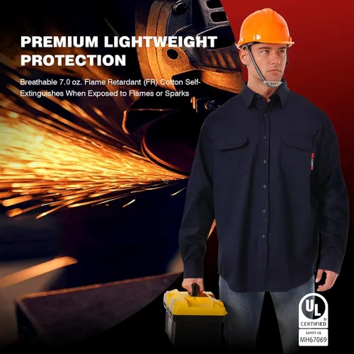 Miniatura 3 de SKSAFETY Camisas FR de 7 oz para hombres, Camisa de Soldadura Hi Vis Resistente a las Llamas 100% Algodón Retardante de Fuego Camisa de Manga Larga