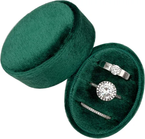 Caja ovalada de terciopelo para anillos con 3 ranuras, caja de tres anillos de alta calidad, vintage, hecha a mano, organizador de joyas para
