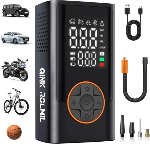 Compresor de aire portátil para inflado de neumáticos, bomba de aire portátil de 150 PSI con batería de 4000 mAh, función de inflado y desinflado