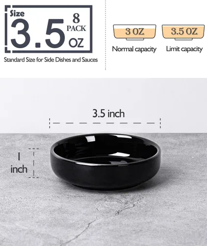 Miniatura 2 de DELLING Juego de 8 cuencos de inmersión negros de 3.5 onzas, tazas de salsa de porcelana, tazas de charcutería para salsa de soja, condimentos