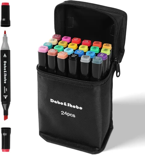 Dabo&Shobo Marcadores de dibujo de 24 colores, marcadores de arte de doble punta, marcador para colorear para bocetos y colorear adultos
