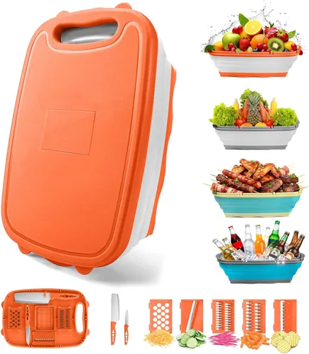 Gintan Tabla de cortar para acampar, tabla de cortar plegable 9 en 1 con escurridor, cesta para lavar verduras de cocina para acampar, regalos de