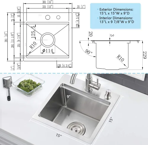 Miniatura 4 de Fregadero de barra de 15 pulgadas para estación de trabajo, fregadero de cocina pequeño de 15 x 15 pulgadas, montaje superior, calibre 16