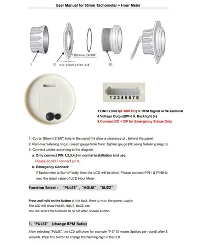 Miniatura 4 de ELING Tacómetro universal Medidor RPM con medidor de horas ajustable y alarma RPM 0-12000RPM 3.346 in con retroiluminación Negro+Negro