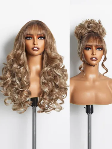 Miniatura 7 de GORGIUS Pelucas negras con flequillo, peluca ondulada larga de color negro natural sin pegamento para mujer, hecha con tecnología de archivo: fibra