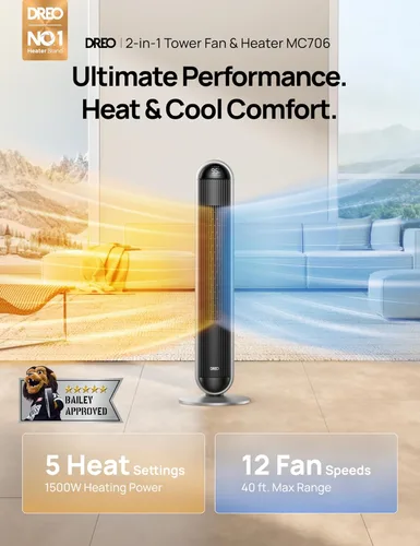 Miniatura 2 de DREO Combo de ventilador de torre y calentador, ventiladores de pie de 29.2 pies/s para dormitorio, 17 niveles, 6 modos, oscilación de 120°, 42
