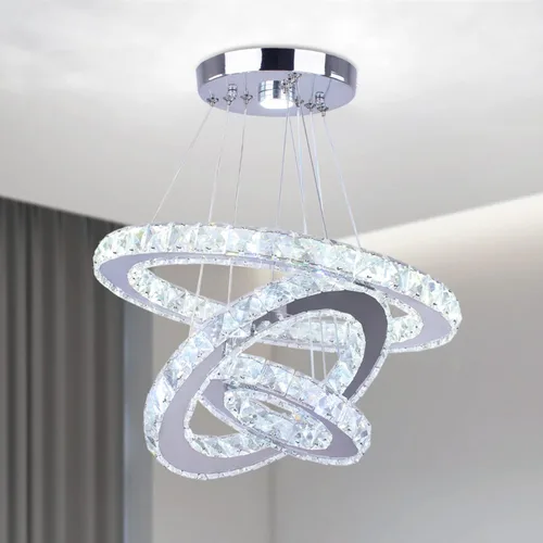 Miniatura 10 de Candelabro LED de cristal con iluminación regulable LED moderna lámpara de techo de 3 anillos ajustable de acero inoxidable para dormitorios y sala