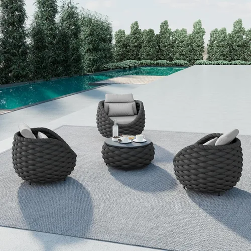 Miniatura 38 de Juego de muebles de patio de cuerda de 4 piezas: conjunto de sofás al aire libre de aluminio acolchado - sofá de conversación moderno ensamblado