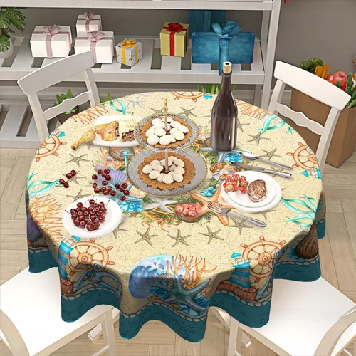 Miniatura 7 de Giwawa Mantel redondo de playa de verano de 60 pulgadas, corona costera de conchas con temática marina, tela impermeable, cubierta de mantel
