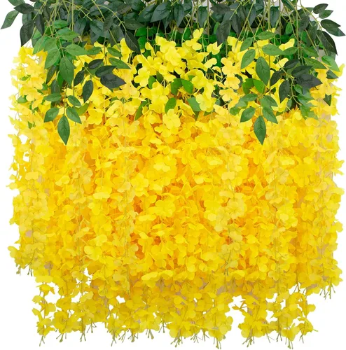 Miniatura 20 de Paquete de 12 flores colgantes de glicina artificial, guirnalda de flores de glicina falsas, enredaderas de seda, decoración de ratán para el hogar
