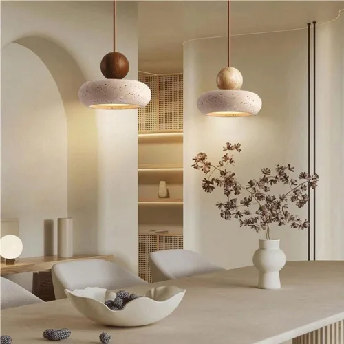 Lámpara colgante de travertino japonés, 3 temperaturas de color, candelabros regulables, lámpara colgante de madera maciza nórdica vintage para