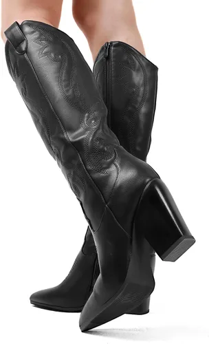 Miniatura 7 de DREAM PAIRS Cowboy Boots For Women, Comfortable Pull On Zipper Chunky Heel Pointed Toe Embroidered Western Cowgirl Knee High Boots