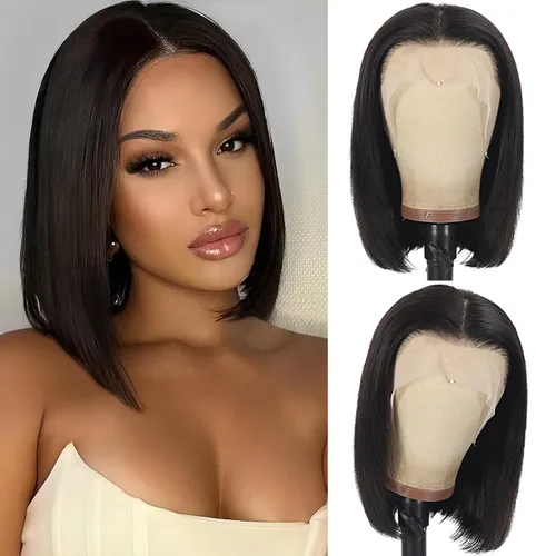 Miniatura 8 de Peluca Bob de 10 Pulgadas de Cabello Humano, Pelucas Frontales de Encaje HD 13x4 de Cabello Humano Pre-Desplumadas, Peluca Bob Corta, Pelucas