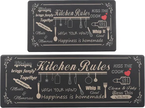 Miniatura 8 de Juego de 2 tapetes de cocina de granja, acolchados y antifatiga, antideslizantes, impermeables, cómodos para el hogar y la oficina, 17.3 x 30 Negro