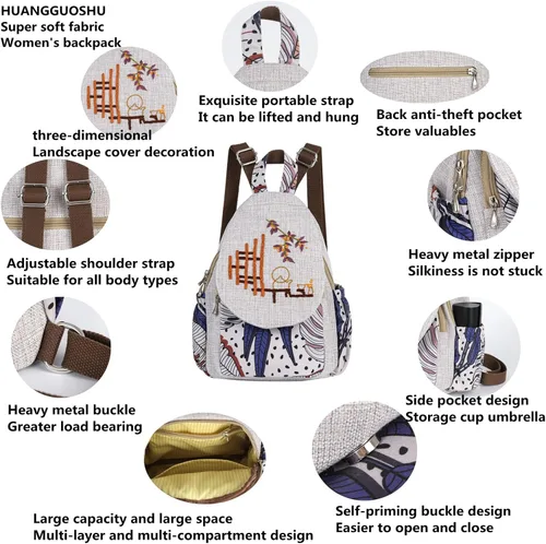 Miniatura 166 de HUANGGUOSHU Mochila de algodón tejida de algodón bohemio con bordado de lona estilo bohemio con múltiples bolsillos retro linda mochila cartera