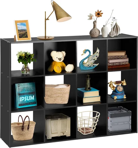 Miniatura 8 de SUPER DEAL Estantería Abierta de 12 Compartimentos, Gabinete de Almacenamiento de 47 Pulgadas de Ancho, Estanterías Cúbicas de Madera para Libros