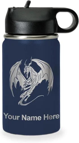 Miniatura 17 de LaserGram Botella de agua con tapa abatible de doble pared de 12 onzas con pajilla, dragón, grabado personalizado incluido (negro)