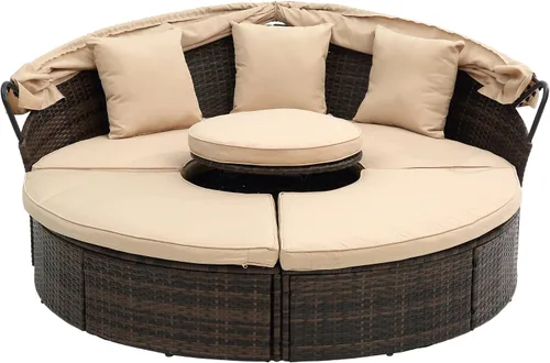 Miniatura 7 de Sofá cama redondo de ratán al aire libre con toldo retráctil y mesa de centro elevadora, muebles de patio, juego de sofá para piscina Garde
