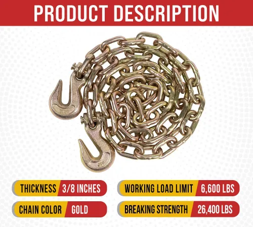 Miniatura 4 de Mytee Products Paquete de 4 cadenas de 3/8 pulgadas x 6 pies de grado 70 con ganchos de agarre de horquilla, cadena de remolque de transporte G70, 4