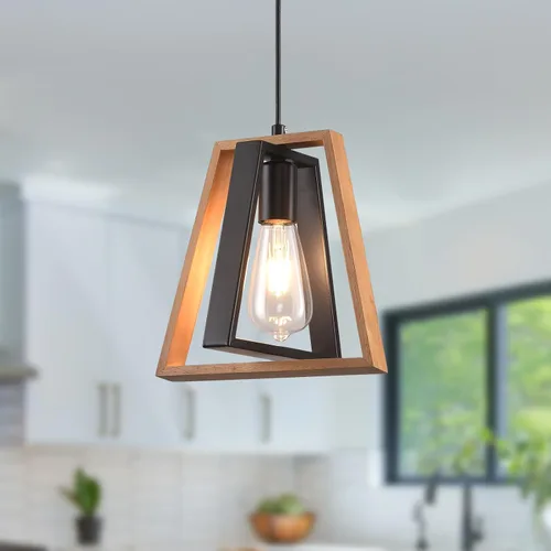 Miniatura 27 de Lámpara colgante estilo granja, luces colgantes negras para isla de cocina, luz colgante de metal industrial y madera vintage, lámpara de techo