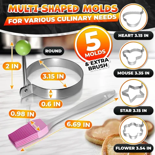 Miniatura 2 de Juego de 5 moldes para panqueques – Moldes de acero inoxidable para panqueques para plancha con formas divertidas, asas plegables – Moldeador