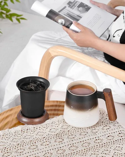 Miniatura 2 de ZENS Taza de té con infusor y tapa para té de hojas sueltas, taza de té de cerámica en relieve de 14.5 onzas con coladores finos y mango de madera